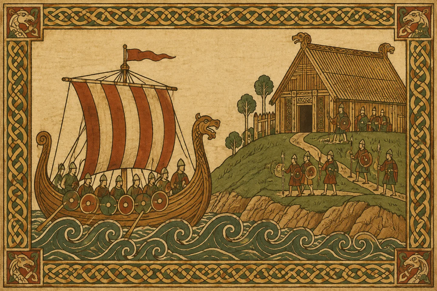 An Anglo-Saxon manuscript-style illustration: a longship with a striped sail approaching a mead hall